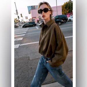 NWT Zara Suede Effect Bomber Jacket Dark Brown item# 4344/655/716